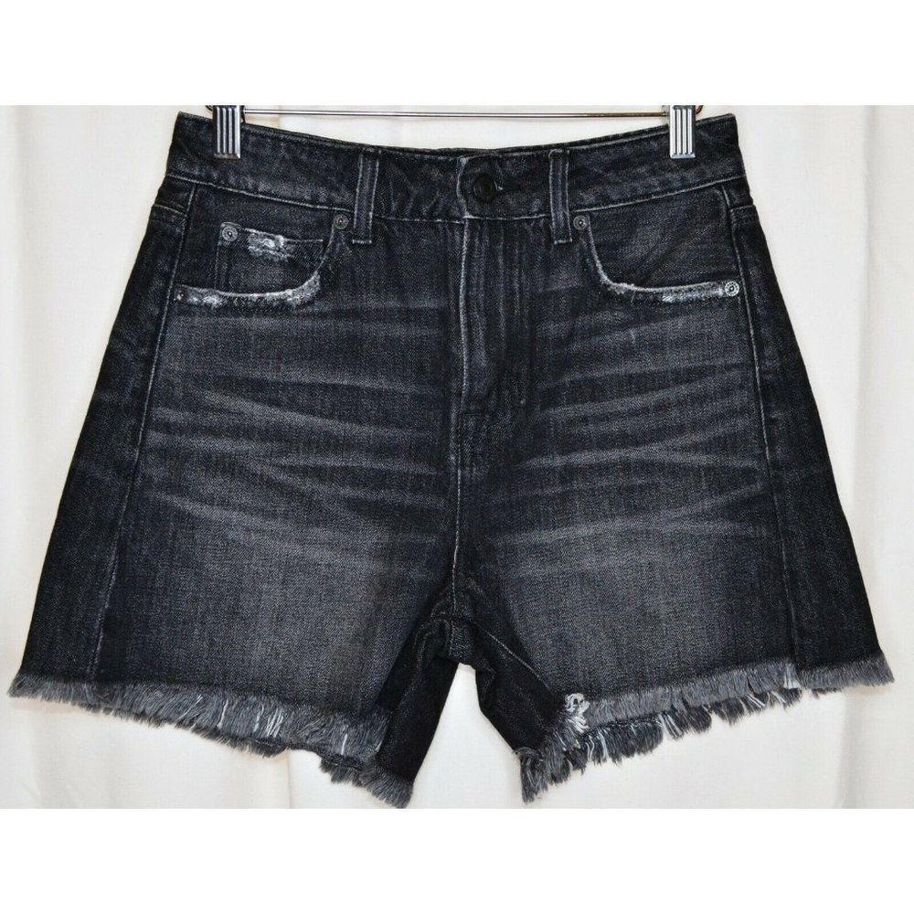 NWOT American Eagle High Waist Raw Hem Denim Shorts Black Distressed Size 0